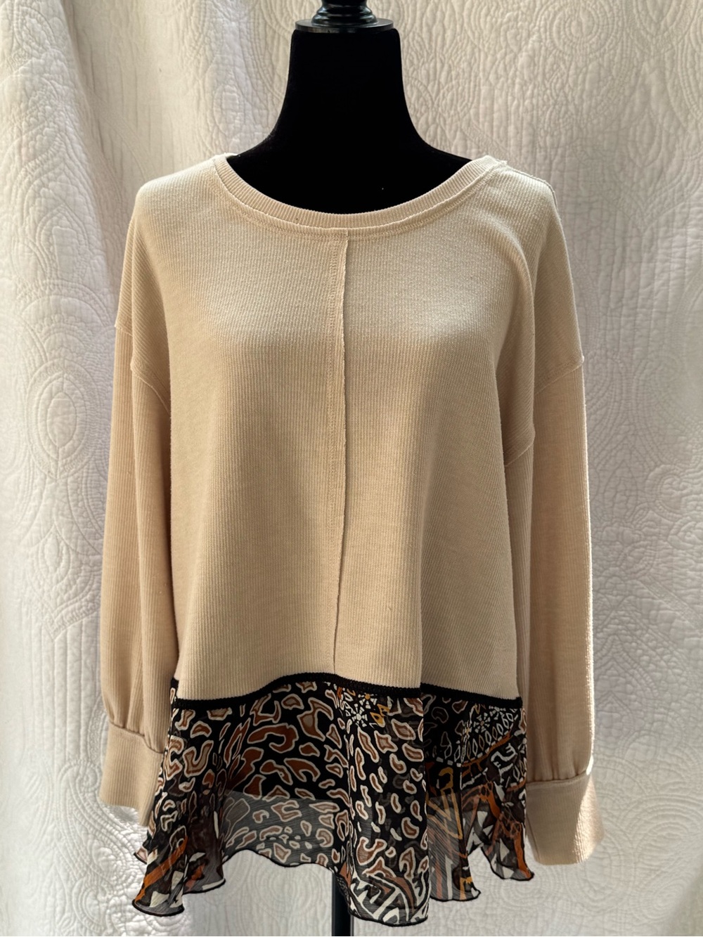 Cozy Life, Ribbed Knit Mixed Media pullover top
Size M